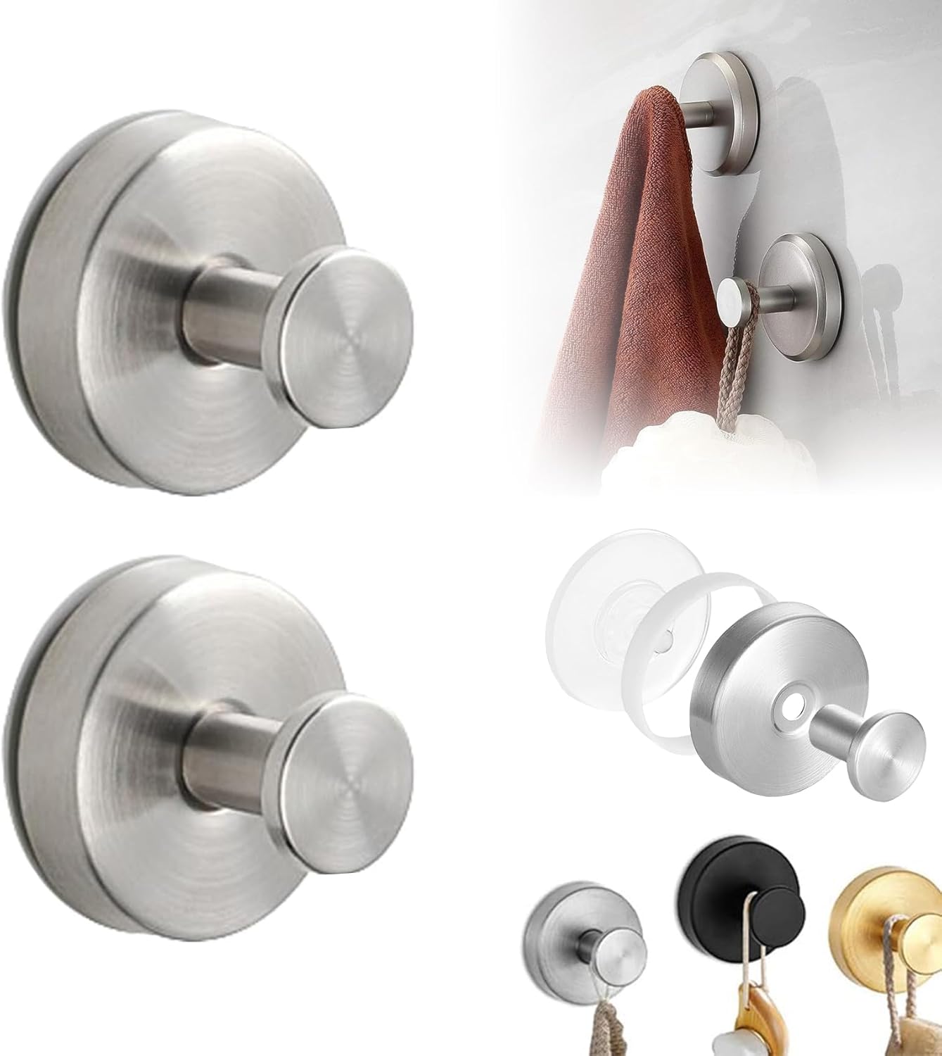 Luxe Hold No-Drill Hooks, Upgraded Suction Cup Hooks for Shower, Removable Reusable Stainless Steel Waterproof Suction Cup Hooks, Shower Hooks for Bathroom,Kitchen,Glass,Window,Mirror (Silver, 2PCS) Thumbnail