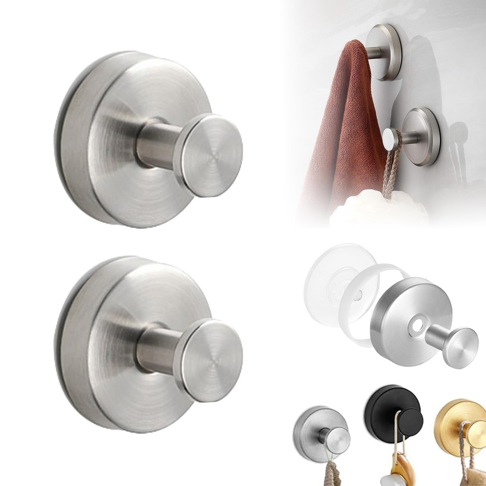 Luxe Hold Upgraded Suction Cup Hooks, Reusable Stainless Steel Waterproof Suction Cup Hooks for Shower, Bathroom, Kitchen, Glass, Window, Mirror (Silver, 2PCS)