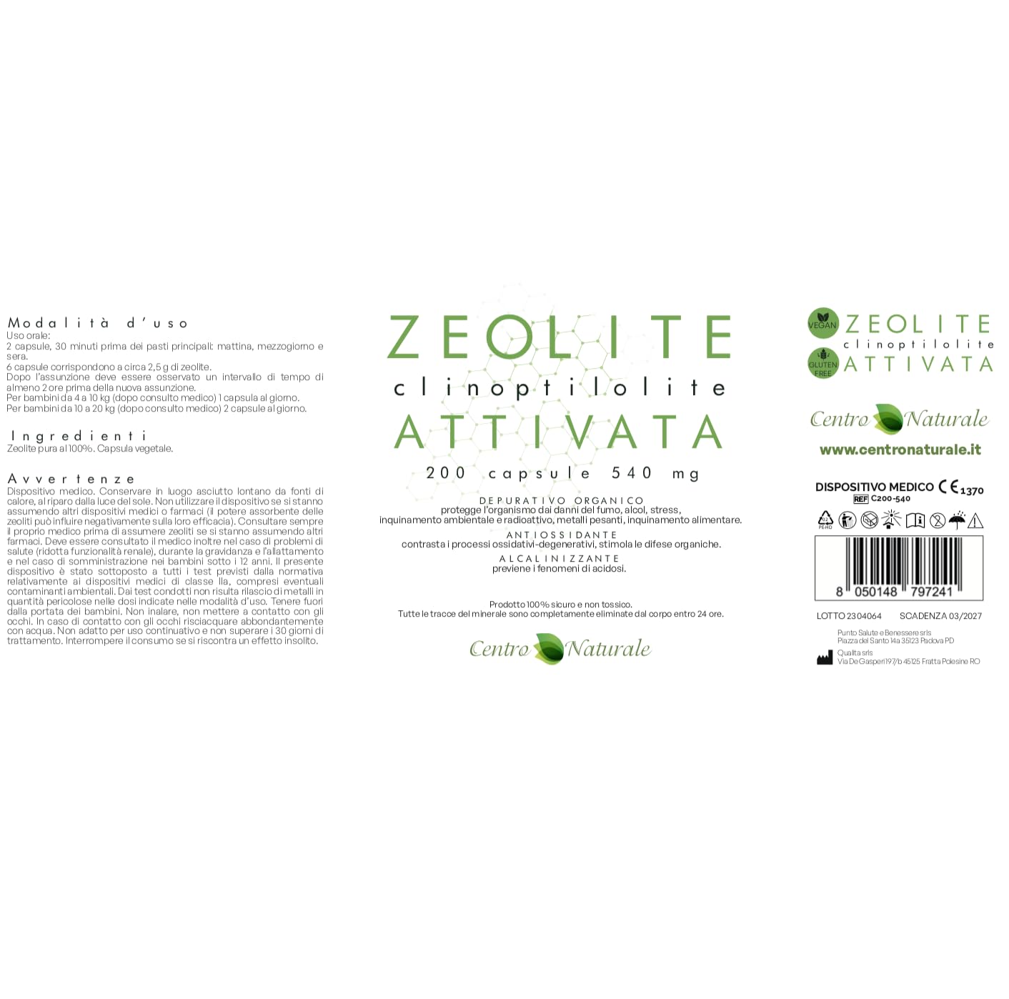 Zeolite Clinoptilolite Attivata pura al 100% - 200 capsule da 540 mg - Dispositivo medico di classe 2a - Certificata uso orale. Prodotta in Italia