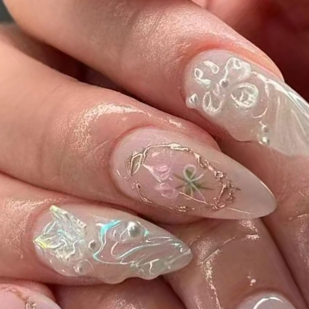 24 Pcs Butterfly Stick on Nails 3D Flower Artificial Nails Mediums Almond False Nails Bows for Woman