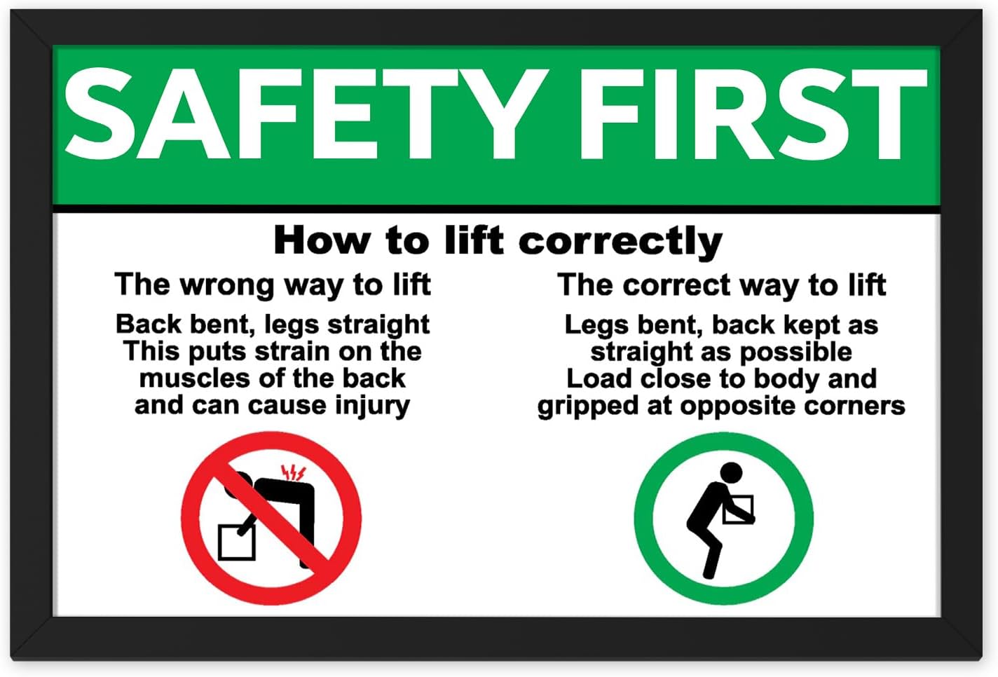 Ritwika's Safety Sign Poster Of How To Lift Correctly With Right And Wrong Way With Black Photo Frame For Construction Sites And Manufacturing Plants | 13.5 X 9.5 IN | Green And Black | Set Of 1