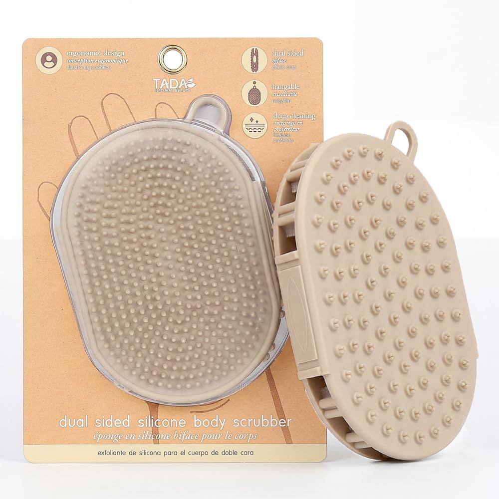 TADA Natural Beauty Dual Sided Silicone Body Scrubber, Exfoliating Shower Scrubber and Loofah Alternative for Body Wash, Hangable, Beige