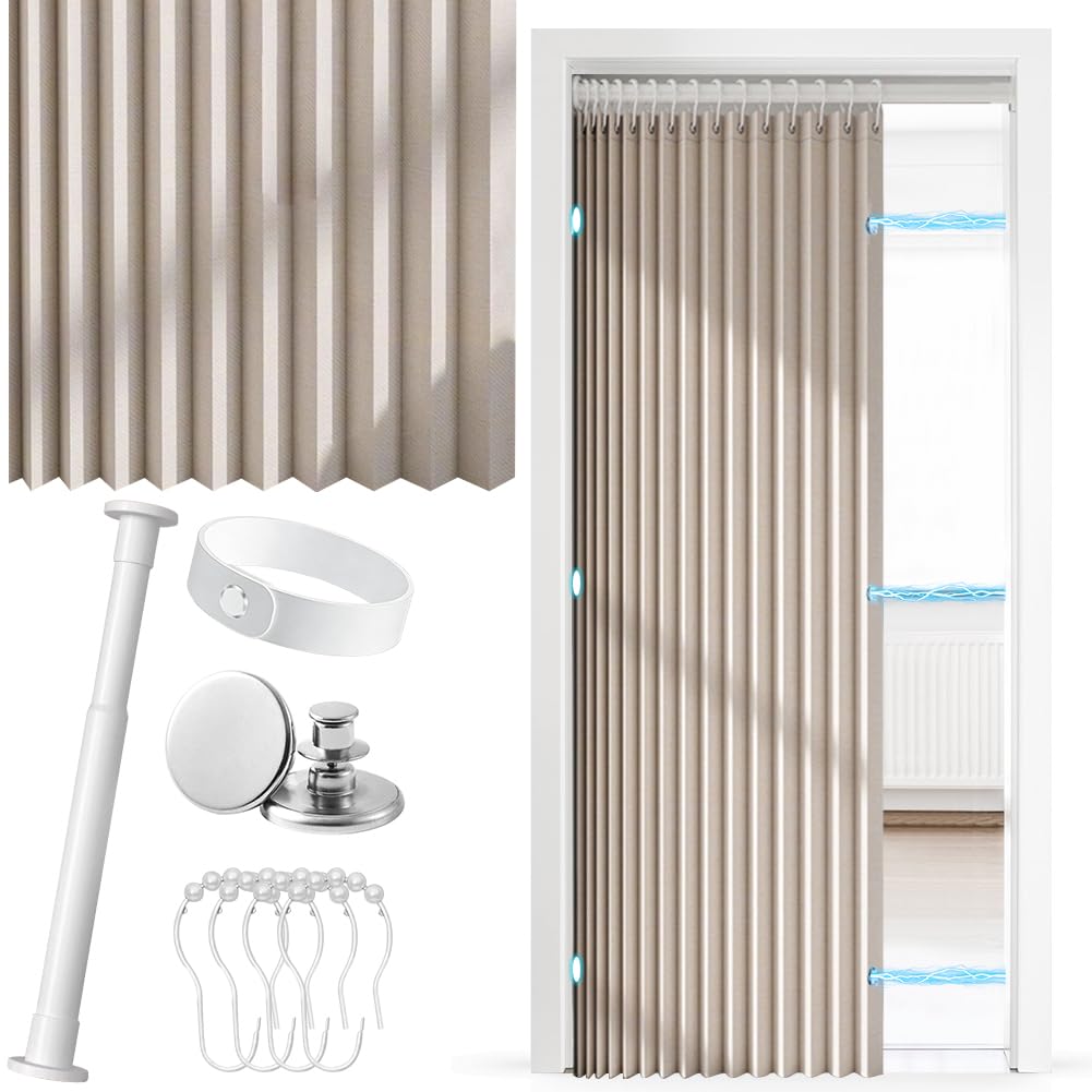 Cortina para puerta sin taladrar, cortina térmica para puerta con barra telescópica, separador de habitaciones magnético para puertas y habitaciones, adecuado para cortina térmica, puerta plegable