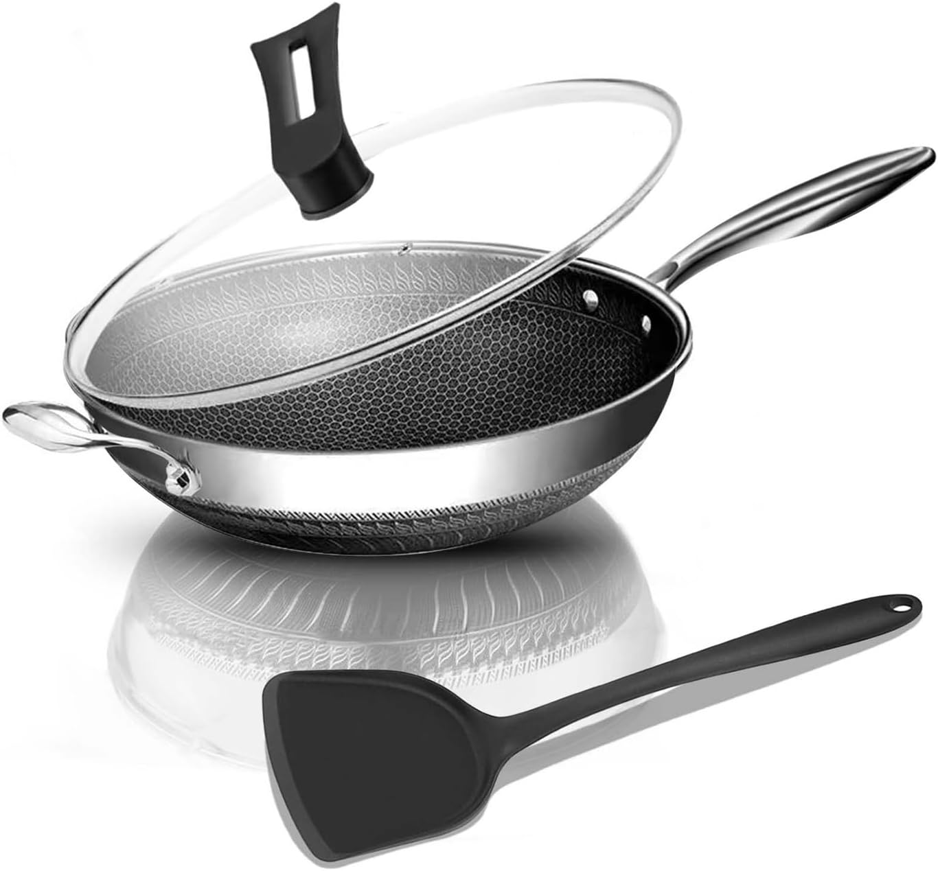 Hybrid Nonstick 12.5Inch Wok Pan with lid Honeycomb Work with Handle Woks & Frying Wok Pan PFOA Free Cookware Suitable for Induction Ceramic Electric and Gas Cooktops