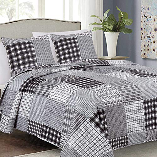 Euromat Tagesdecke Steppdecke Bettüberwurf Gesteppte Tagesdecke mit 2 Kissenbezüge 40x40 cm- (Schwarz Grau Weiß- 017 Black, 180x220 cm)