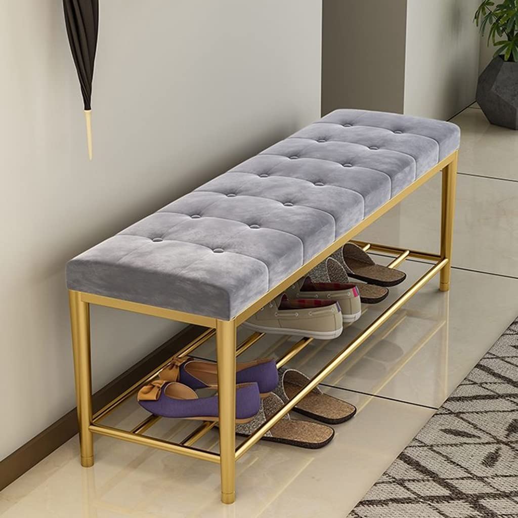 EsEntL 2-stufige Schuhregal-Bank, Aufbewahrungs-Eingangsbank mit Netzregalen, Metallsitz, Schuhregal-Bank für Flur, Wohnzimmer, Schrank, Schlafzimmer (Farbe: Grau, Größe: 120 x 20 x 45 cm)