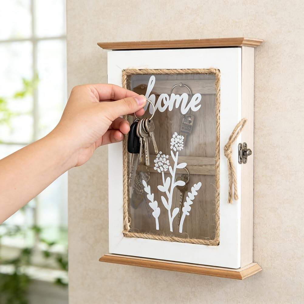 AHANDMAKER Rustic Key Cabinet Wall Mount Wood Key Holder with with 6 Hooks for Entryway Hallway Home Office Organizer Wall Décor Housewarming Gift, Burlywood
