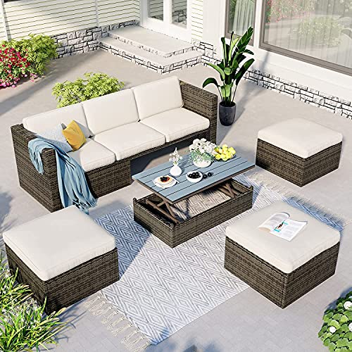 Dnyn 5 Piece Patio Furniture Sets,Outdoor Rattan Multifunctional Sectional Sofa With Adustable Backrest & Soft Cushions & Ottomans & Lift Top Coffee Table For Garden,Poolside, Beige #TOP10