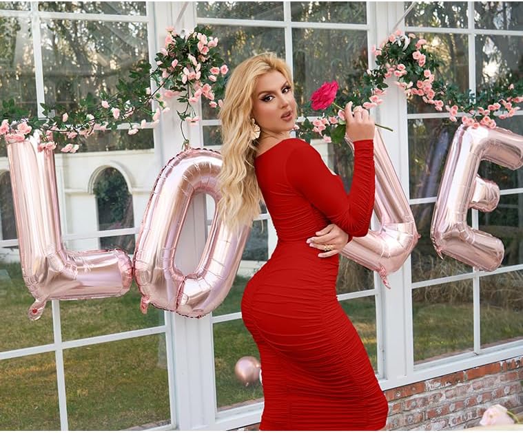 BEAGIMEG Women's Sexy Bodycon Long Sleeves Ruched Square Neck Party Club Midi Dress - Image 5