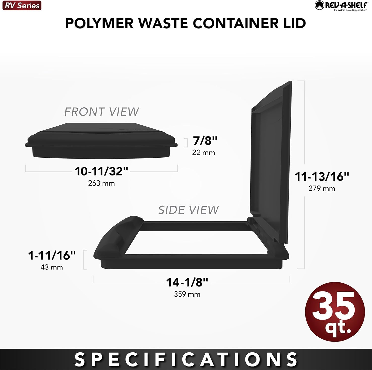 Technical drawing of Rev-A-Shelf 35 Quart Polymer Plastic Trash Can Replacement Lid with dimensions.