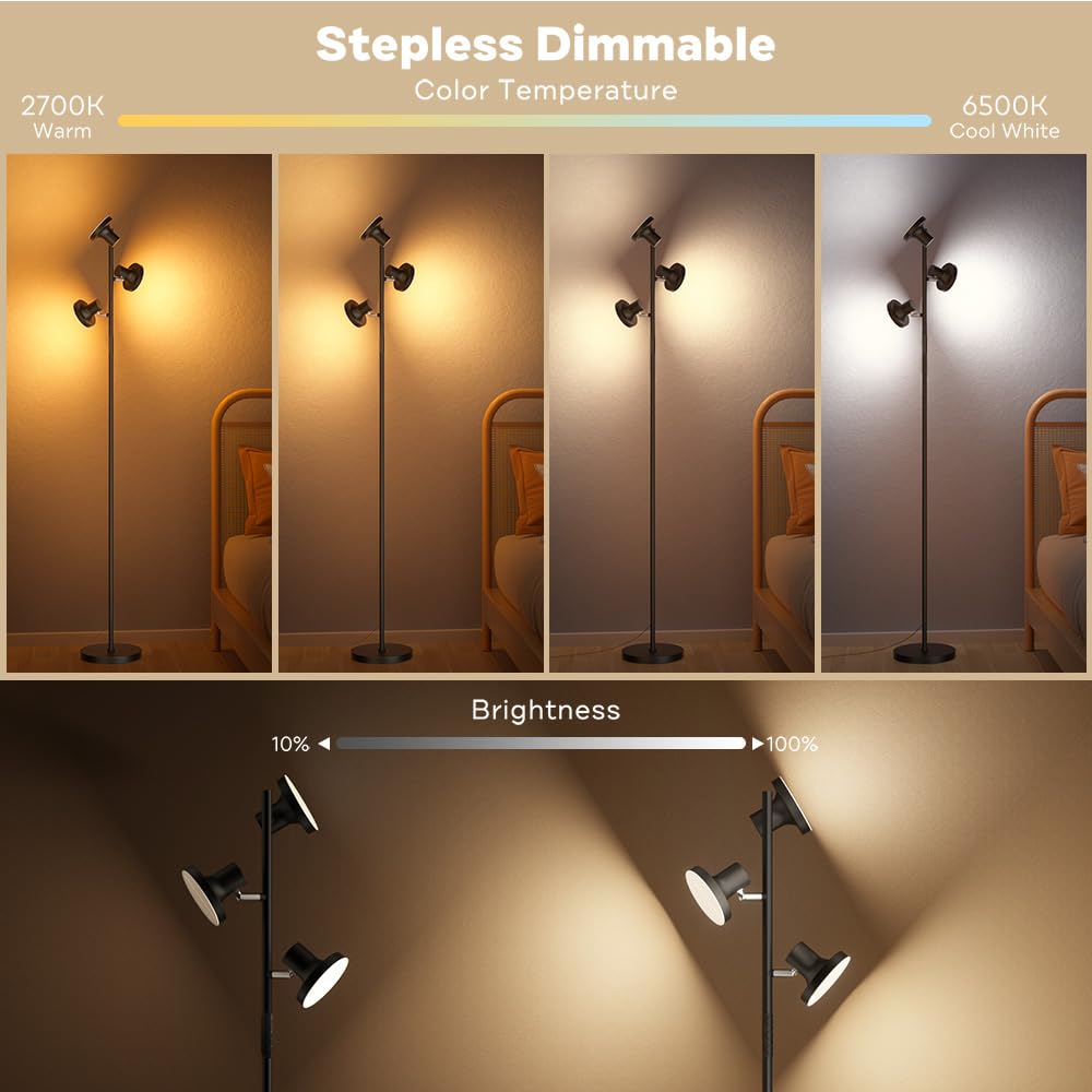 SIBRILLE Stehlampe LED Dimmbar RGB, 36W Deckenfluter LED Dimmbar 2500LM mit Fernbedienung & Berührung 2700K-6500K, 3-Licht Leselampe Moderne Stehleuchte Stehlampe für Wohnzimmer Schlafzimmer Büro