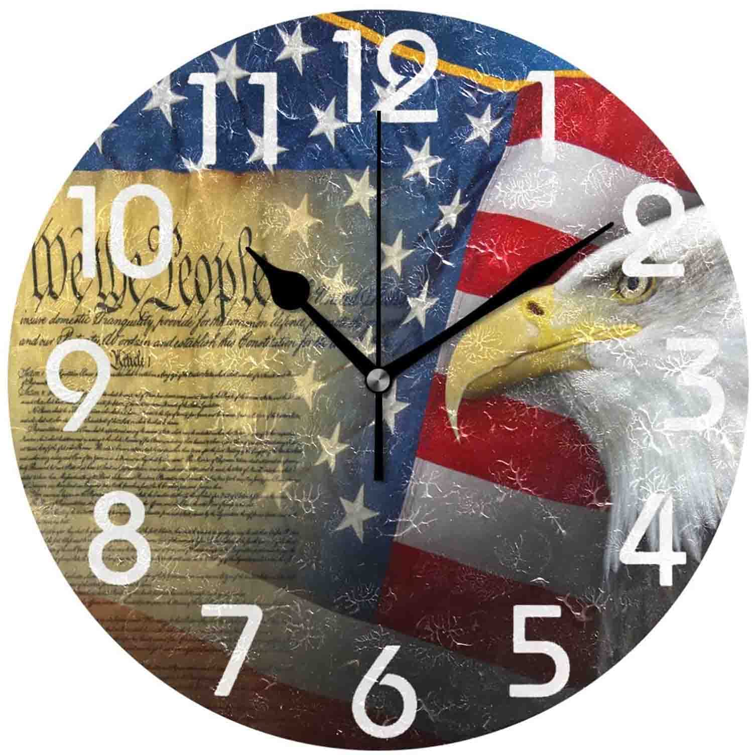 Fueiscy10 inch Quartz Battery Operated Wall Clocks for Living Room Kitchen Home,Stylish North American Vulture American Flag