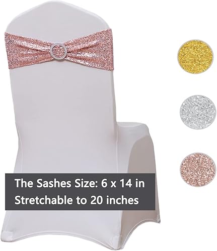 Miniatura 5 de SINSSOWL Paquete de 50 bandas de licra para sillas con lentejuelas y hebillas, lazos plegables para sillas de fiesta, boda, fiesta, comedor,