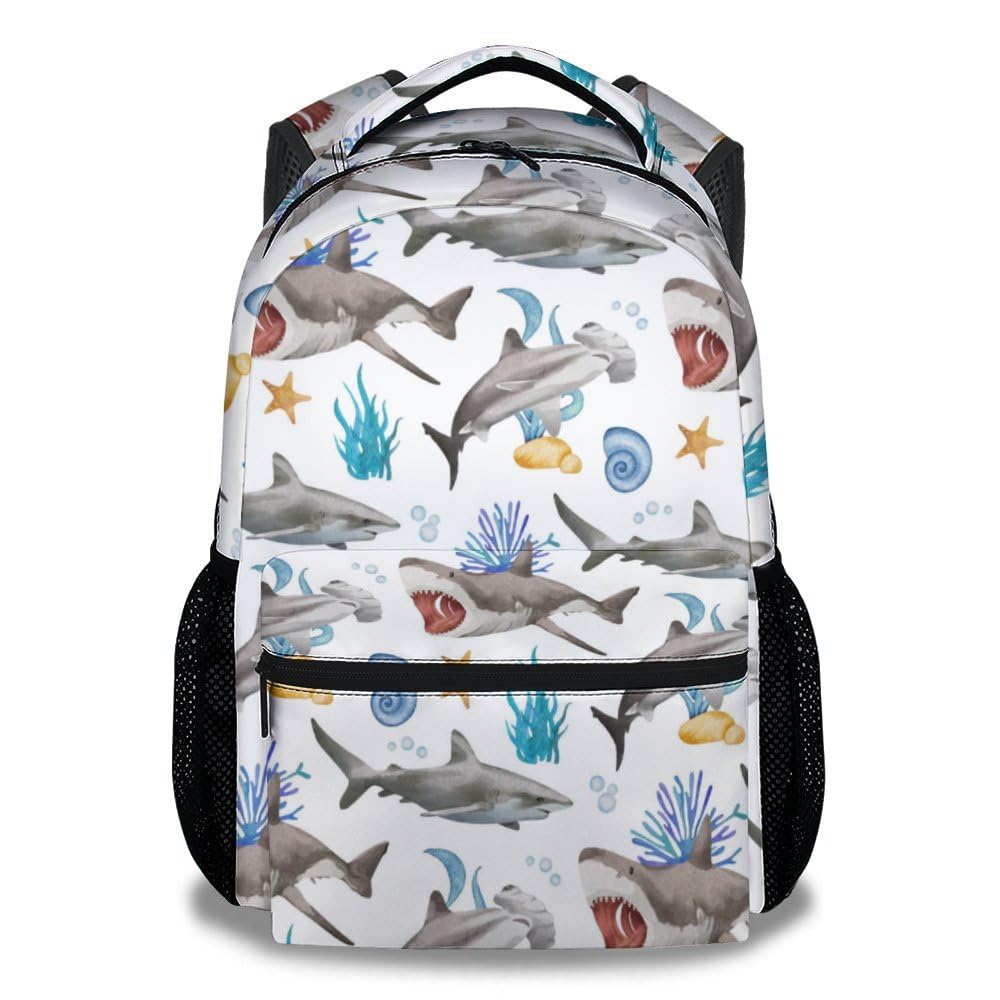 Shark Backpacks for Boys, Large Capacity Backpack for School, Cute White Lightweight Bookbag for Kids