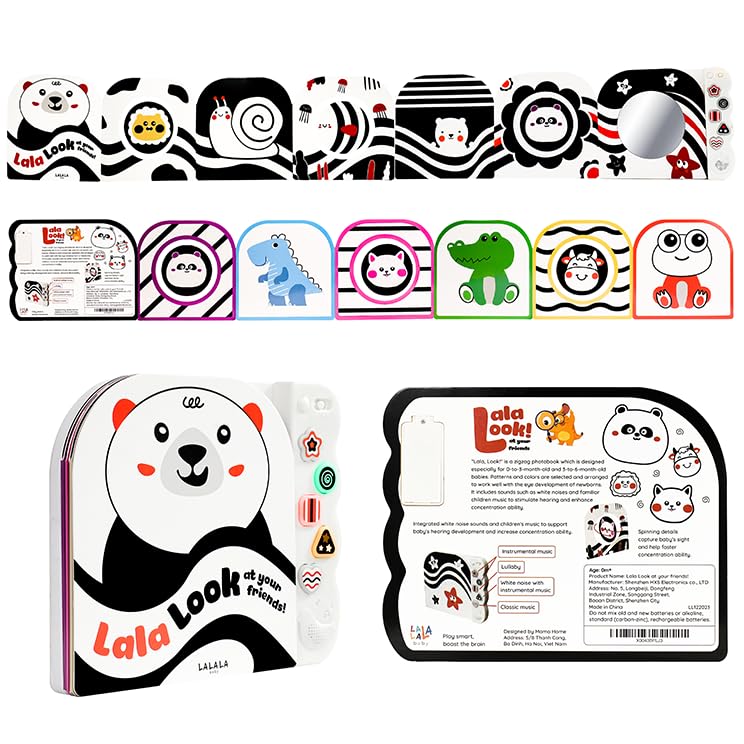 Image of Lalala Baby Black and White Baby Toys with Mirror - High Contrast Sensory Board Book for Newborn, Soothing Musical Toy for Babies 0-12 Months - Brain Development & Tummy Time Activities