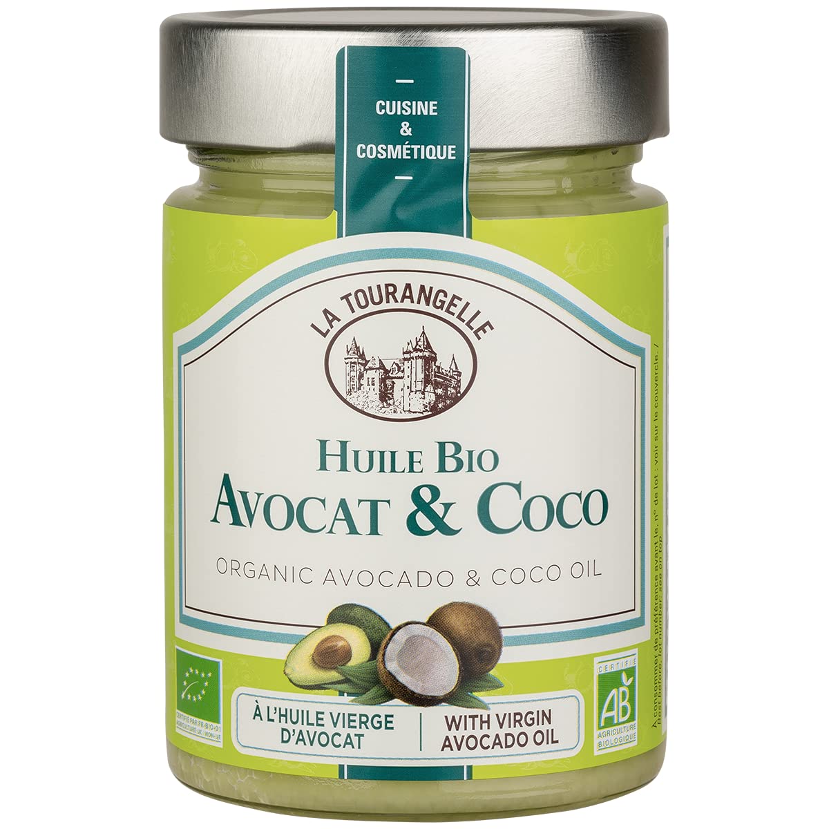 La Tourangelle - Huile bio avocat et coco - Mélange d'huile vierge d'avocat et de noix de coco - Huile cosmétique pour peaux et cheveux - 314ml