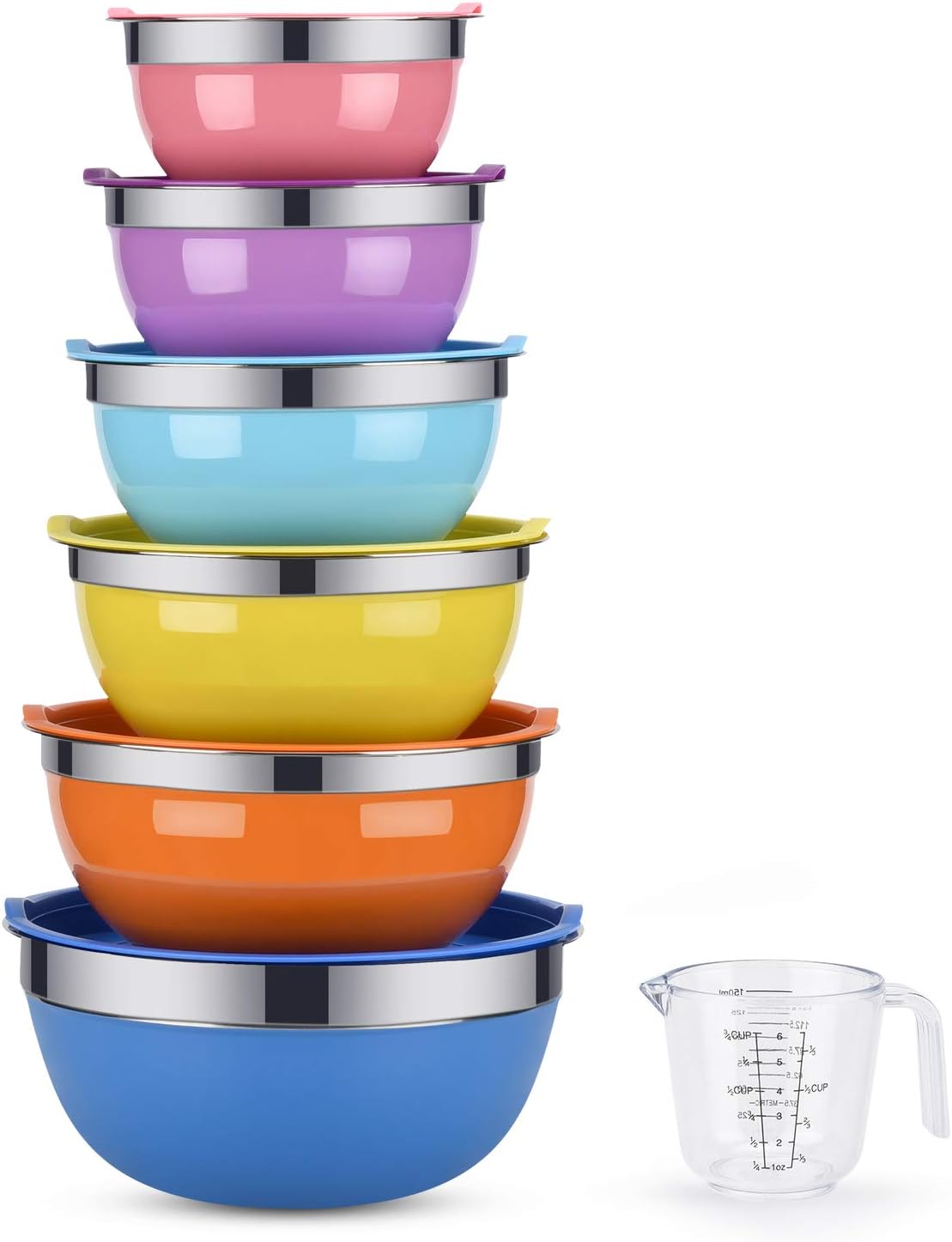 Mixing Bowls, Weiyudang 6 piece Salad Bowl Stainless Steel Basin Metal Bowls Set With Colorful Lids - Set Includes 2, 2.5, 3, 4, 5.5, 7Quart, Measuring Cup as a Gift