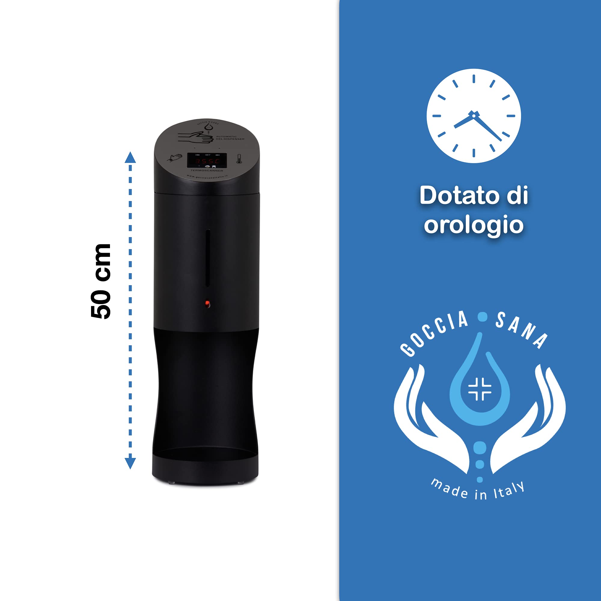 TICINO/GTS Termometro digitale da banco con dispenser automatico | Termometro infrarossi Gocciasana | Dispenser igienizzante mani