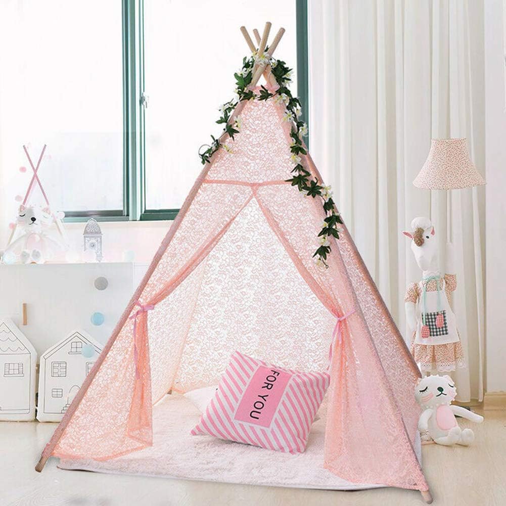 Triclicks Tienda Tipi Tienda India Tienda de Campaña Infantil Tipi Indio Tienda IndiaJuego Algodón Lienzo para Niños Niño y Una Niña(Encaje Rosa)