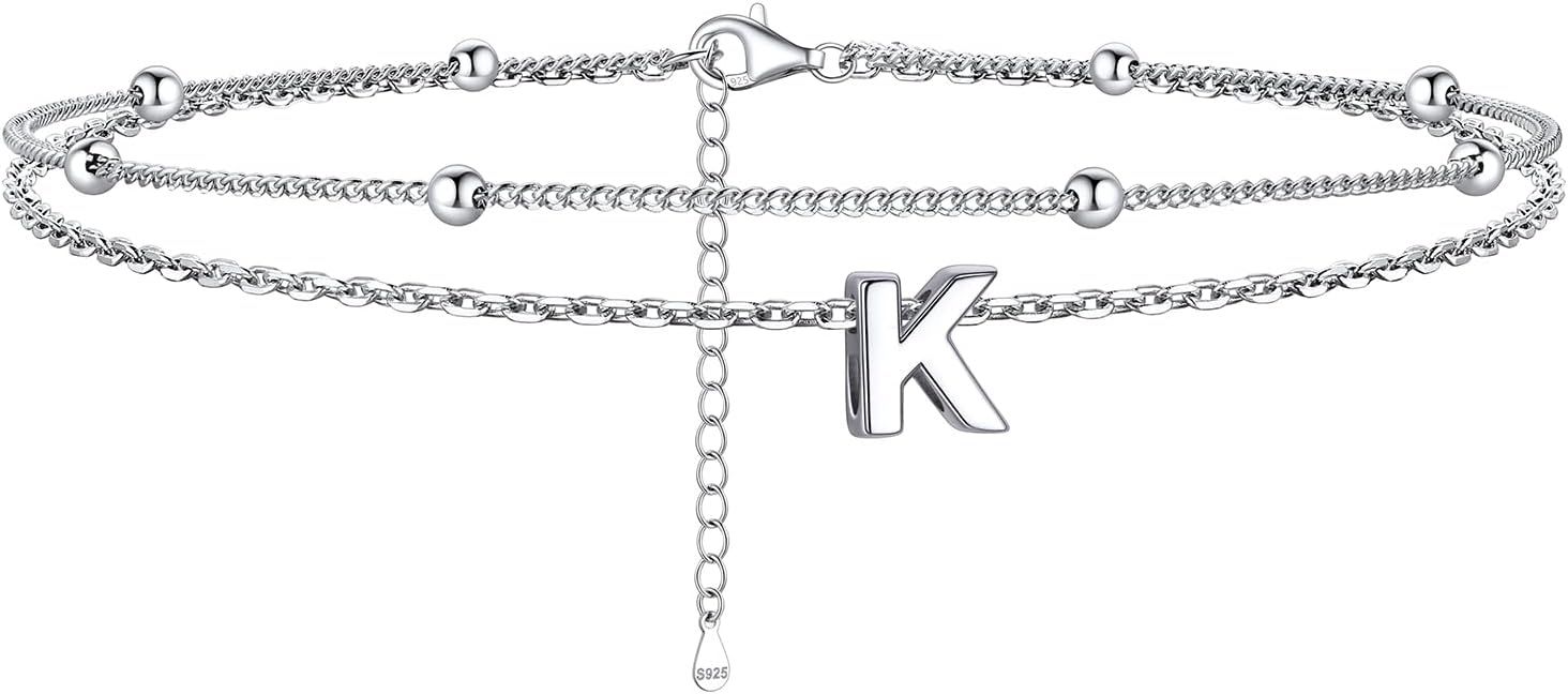ChicSilver Ankle Bracelets for Women Waterproof, 925 Sterling Silver Initial Anklets for Women, Adjustable Dainty Layered Anklet Beach Jewelry for Women Mom Wife Friend