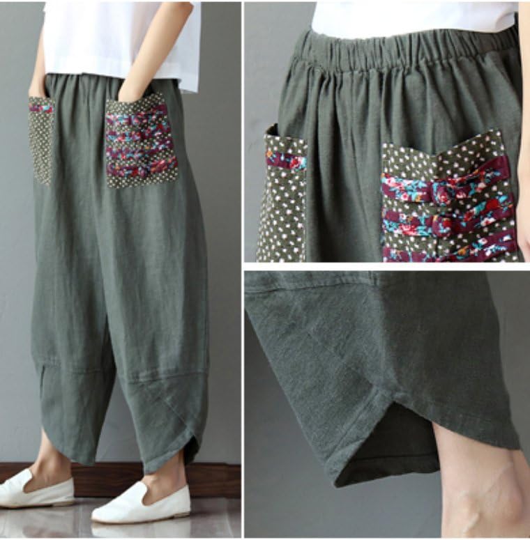 Minibee Women's Baggy Linen Wide Leg Trousers Casual Patchwork Elastic Waist Harem Pants - Image 7