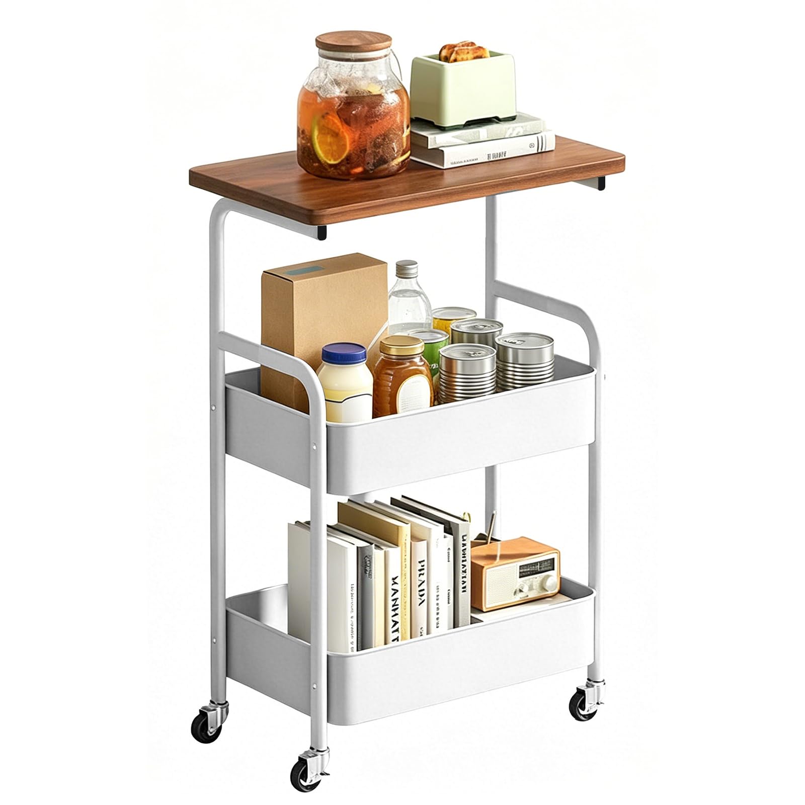 Carro de metal con ruedas de 3 niveles con placa de madera y tablero, carrito de cocina con ruedas y freno, estable para cocina, oficina, baño, para manualidades, color negro, ahorra espacio