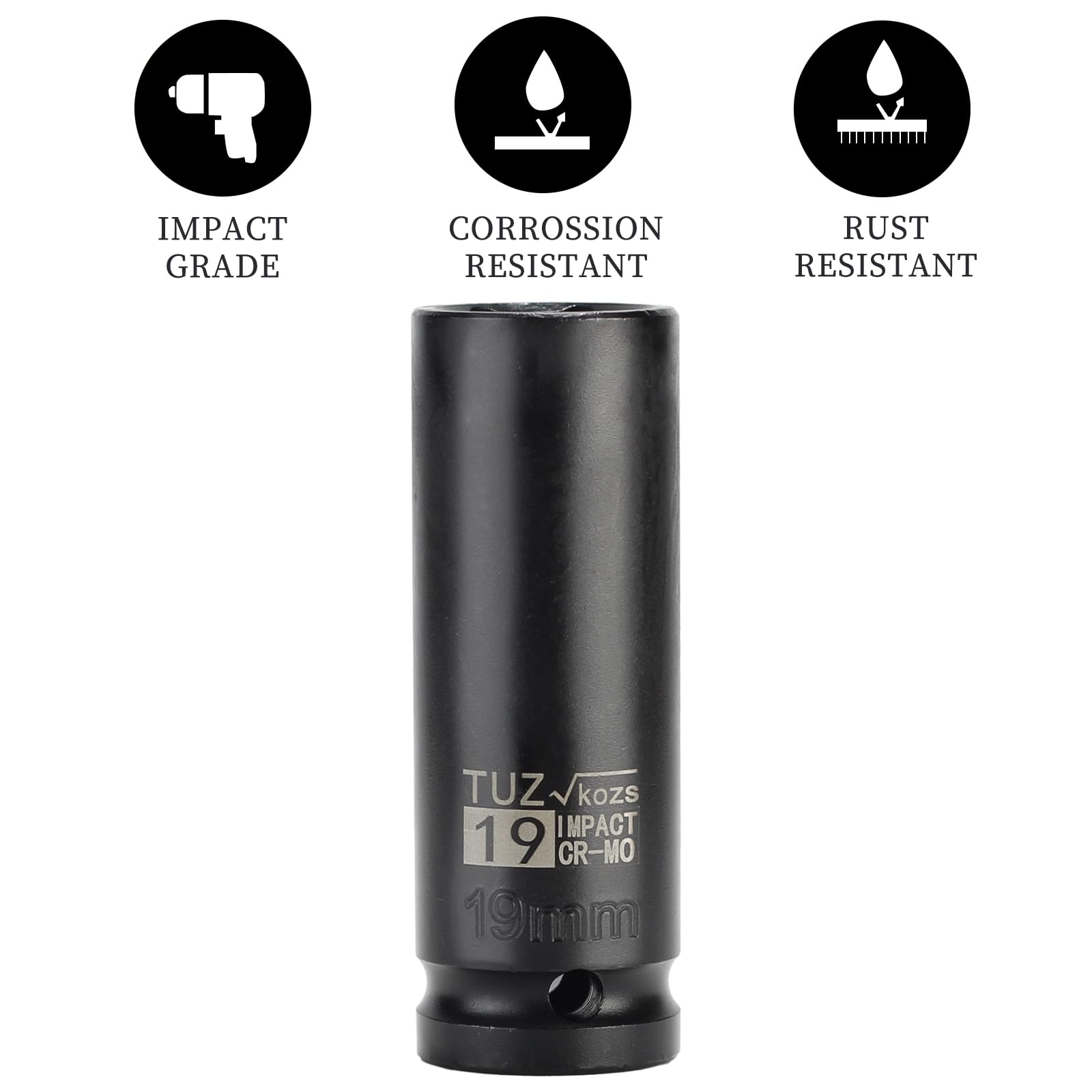 TUZkozs 1/2-Inch Drive 19mm Deep Impact Socket with 6-Point Design, Heat-Treated Chrome Molybdenum Alloy Steel, Metric?Hex Deep Socket