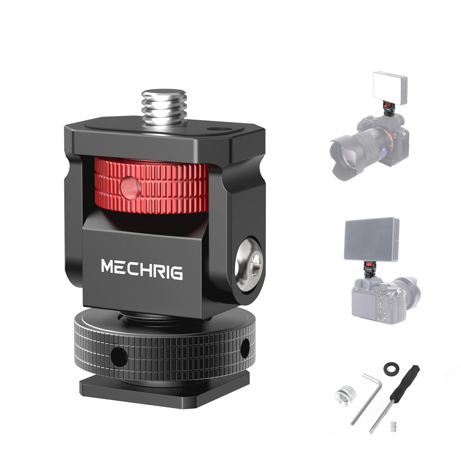 Mechrig Mini Camera Monitor Mount with Cold Shoe, Aluminum Cold Shoe Mount Adapter with 1/4″ Screw for Monitor LED Light Mic, Field Monitor Holder 360