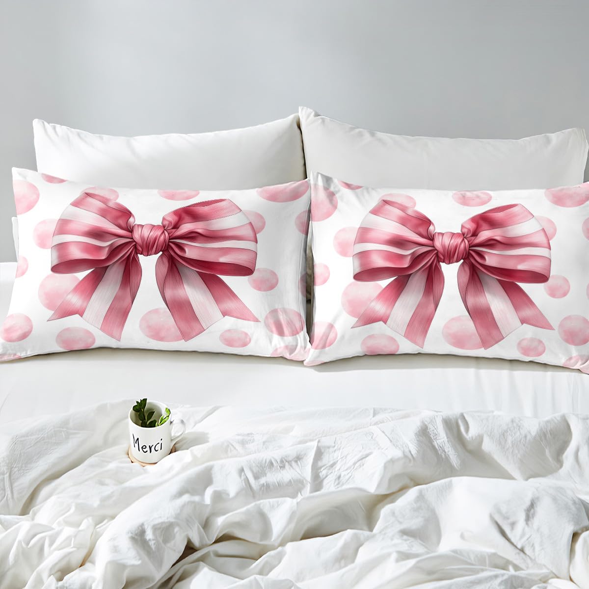 Juego de ropa de cama para niños y niñas, diseño floral de rayas rosas, tamaño doble, 3 piezas, suave, transpirable, con lazo, 1 funda nórdica y 2 fundas de almohada