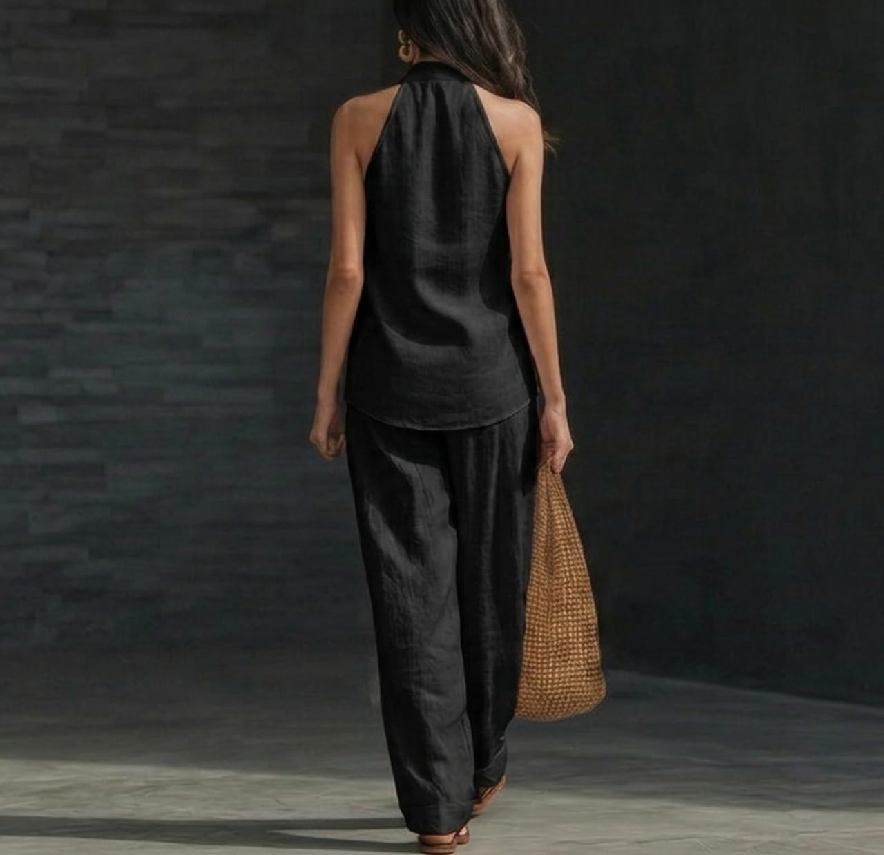 Women's Linen Two-Piece Set Deep V-Neck Halter Neck Top and Loose Fit Straight-Leg Pants Summer Effortless Resort Wear