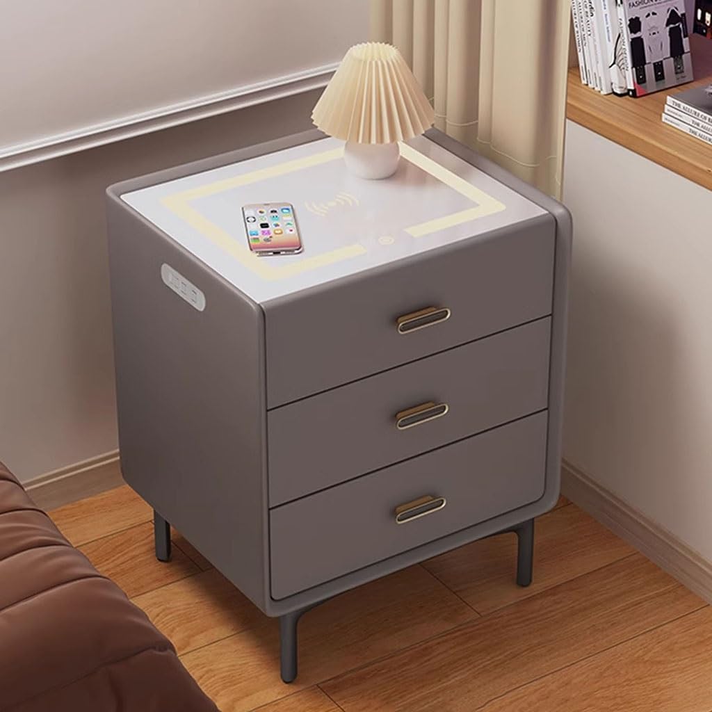 BHGFYXBS Nightstand With Charging Station,3-Tier Side Table With Drawer,Bedside Table End Table,For Bedroom,Home Office,Light Gray-48Cm/18.9In,Dark Gray-38Cm/15In,Dark Gray-38cm/15in