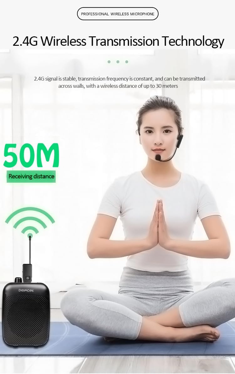 DIGIMORE 2.4G Wireless Microphone System, Wireless Microphone Ideal for Speakers, Voice Amplifier, PA System, Teachers, Tour Guides, Fitness Instructors, Meetings and