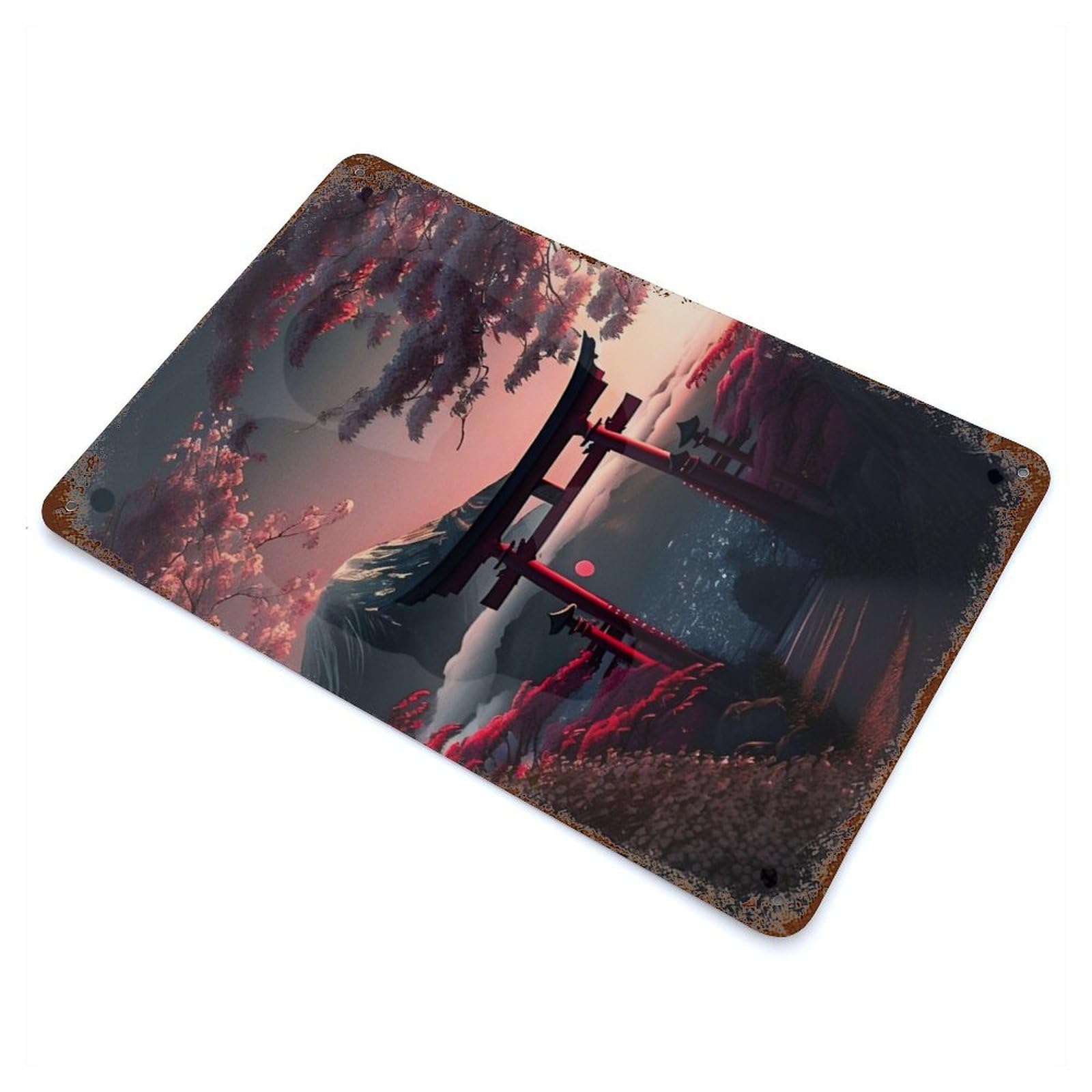 Rust Effect Torii Gate View Mt Fuji Weathered Tin Sign 11.8"x7.9", Novelty Wall Decor for Office, Studio And Wall Decor