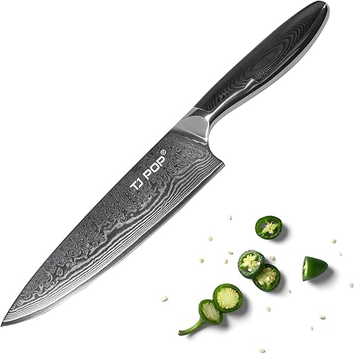 TJ POP Cuchillo de chef Damasco de 8 pulgadas, cuchillo de cocina profesional, cuchillo de carne ultra afilado, diseño de espiga completa, hoja de