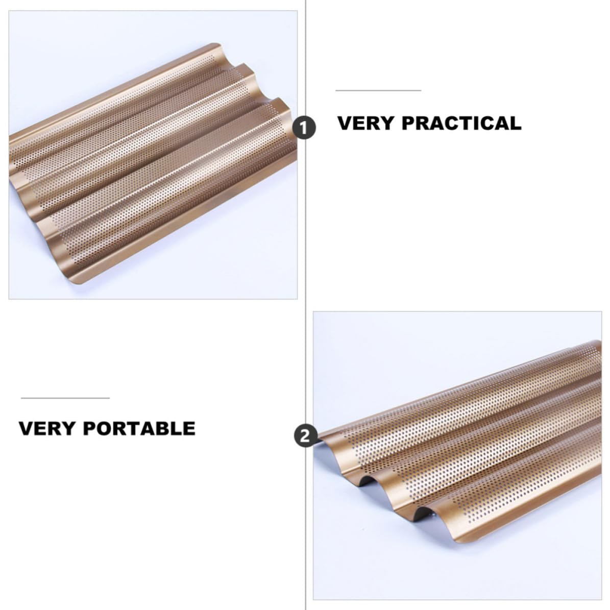 Mikikit Moule à Baguette Français en Acier Carbone, Plaque de Cuisson Antiadhésive 3 Fentes Perforées, Lot de 2 pour Cuisson Four