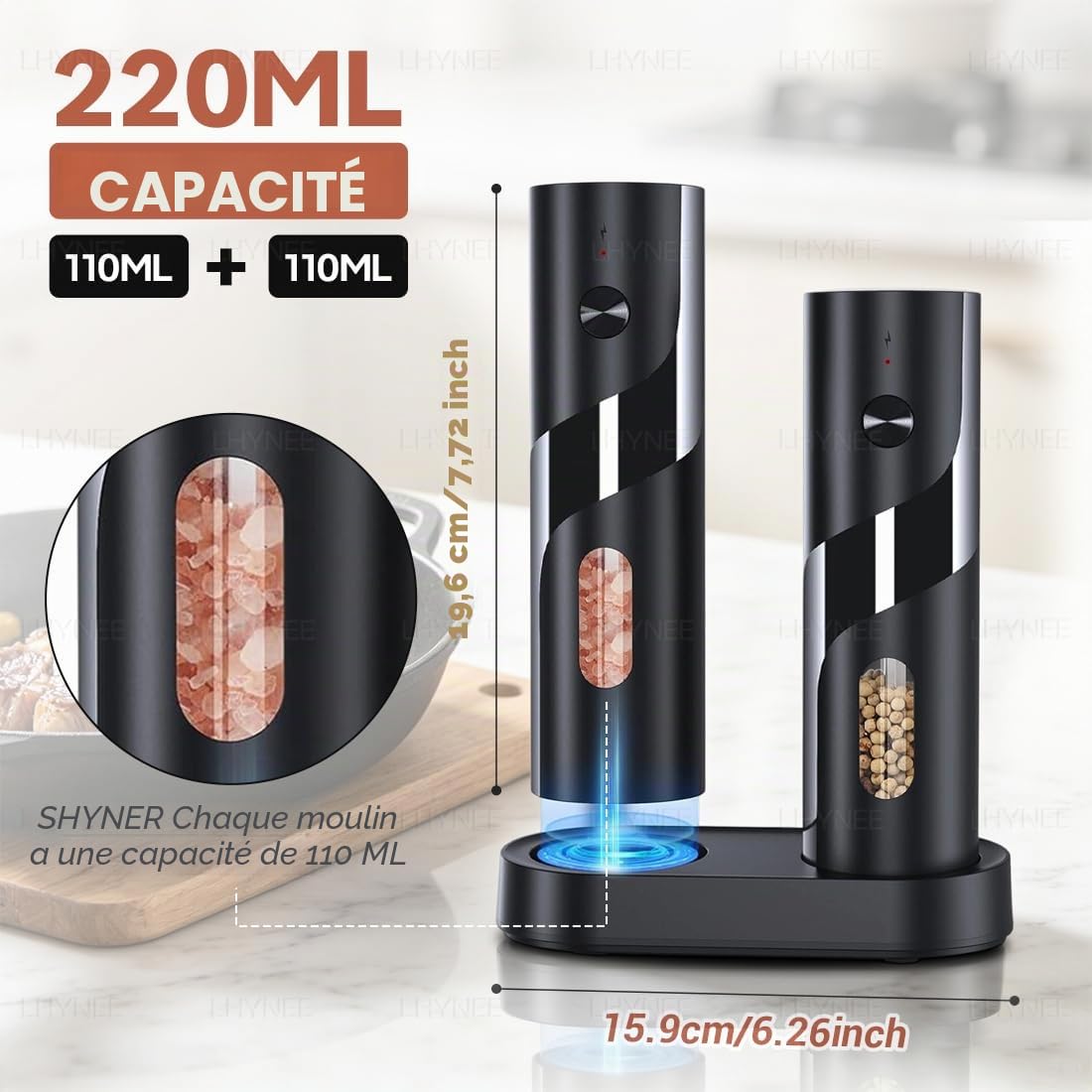 Moulin à Sel et Poivre Électrique avec Station de Charge–Contenant 110 ml,Recharge USB, 5 Niveaux de Mouture Réglables,Mécanisme de Broyage en Céramique,Incl.Brosse de Nettoyage et Éclairage LED.