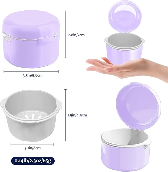 Denture Cup, Denture Bath, Denture Cups for Soaking Dentures, Denture Case with Lid, Denture Bath with Rinsing Basket, Easy to Carry and Clean Retainer Case Denture Cleaning kit (Purple)