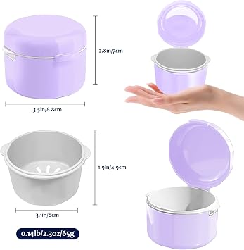 Denture Cup, Denture Bath, Denture Cups for Soaking Dentures, Denture Case with Lid, Denture Bath with Rinsing Basket, Easy to Carry and Clean Retainer Case Denture Cleaning kit (Purple)
