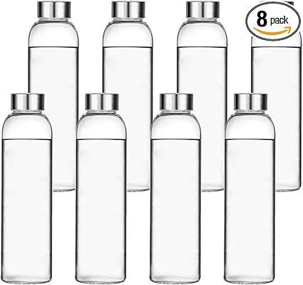 Encheng Glass Water Bottles,16oz Glass Drinking Bottle With Leakproof Stainless Steel Cap,Reusable Juice Bottles Beverage Drinkware,To Go Travel Bottles For Drink,Sauce,8Pack