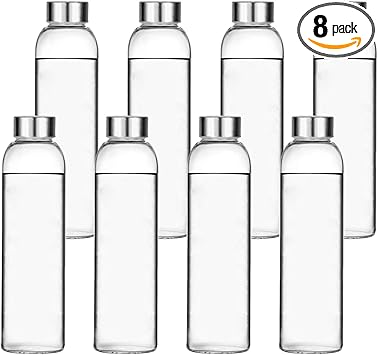Encheng Glass Water Bottles,16oz Glass Drinking Bottle With Leakproof Stainless Steel Cap,Reusable Juice Bottles Beverage Drinkware,To Go Travel Bottles For Drink,Sauce,8Pack