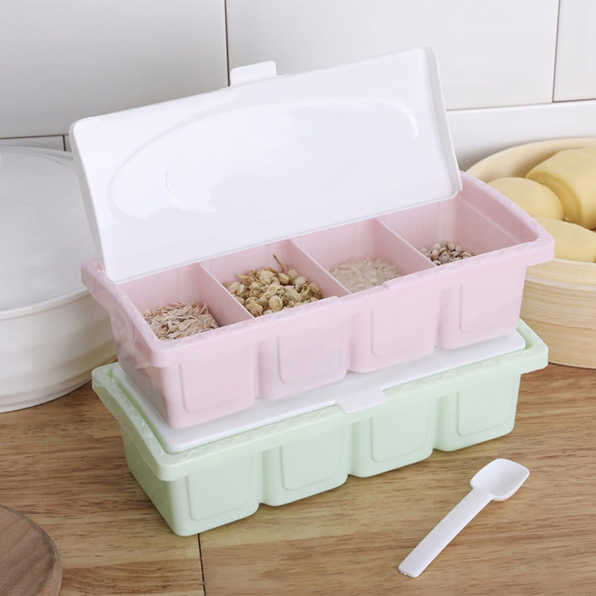 GANAZONO Four Compartment Seasoning Box Plastic Pink Kitchen Cruet