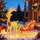 Sweetcrispy 4 FT Lighted Christmas Reindeer & Santa Sleigh Set, Family Outdoor...