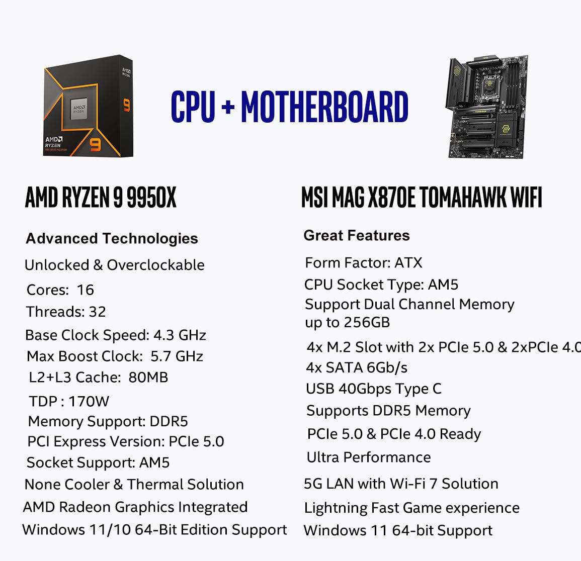 Micro Center AMD Ryzen 9 9950X CPU Processor with MSI MAG X870E Tomahawk WiFi ATX Motherboard (DDR5, PCIe 5.0 x16, M.2 Gen5, Wi-Fi 7, 5G LAN)