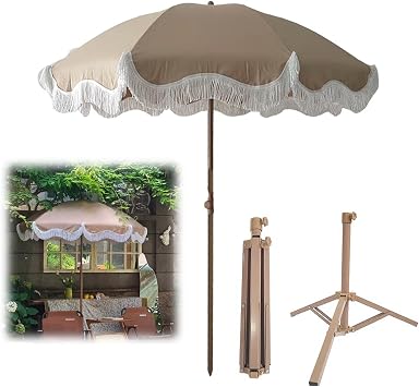 5.9ft Patio Umbrella with Fringe Outdoor Tassel Umbrella,Outdoor Tilt Beach Umbrella Portable for Sand, Height Adjustable Chair Umbrella,for Ourdoor Patio, Lawn, Backyard, Pool