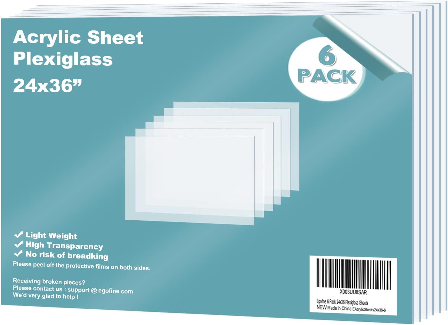 Egofine Plexiglass Sheets Acrylic Sheets 6 Pack of 24x36’’ 0.04 Thickness 1mm Clear Plastic Cast Transparent Plexi Glass for Crafting DIY Projects, Replacement Picture Frame Glass, Easy to Cut
