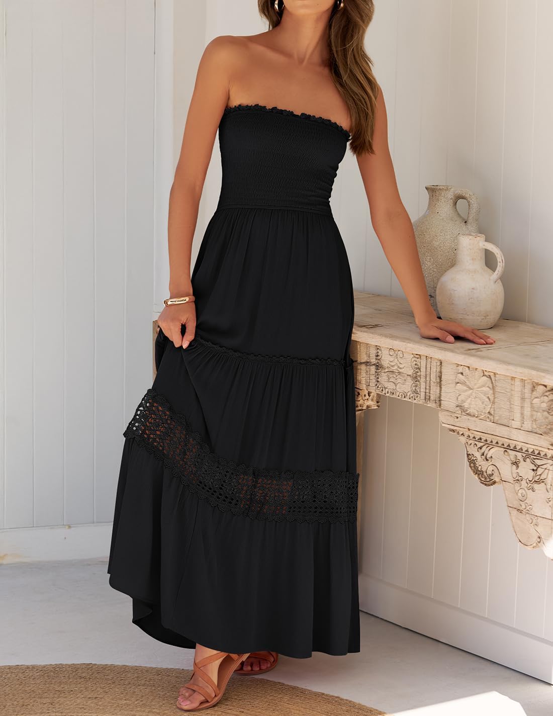 ZESICA Women's 2026 Summer Bohemian Strapless Off Shoulder Lace Trim Backless Flowy A Line Beach Long Maxi Dress - Image 7