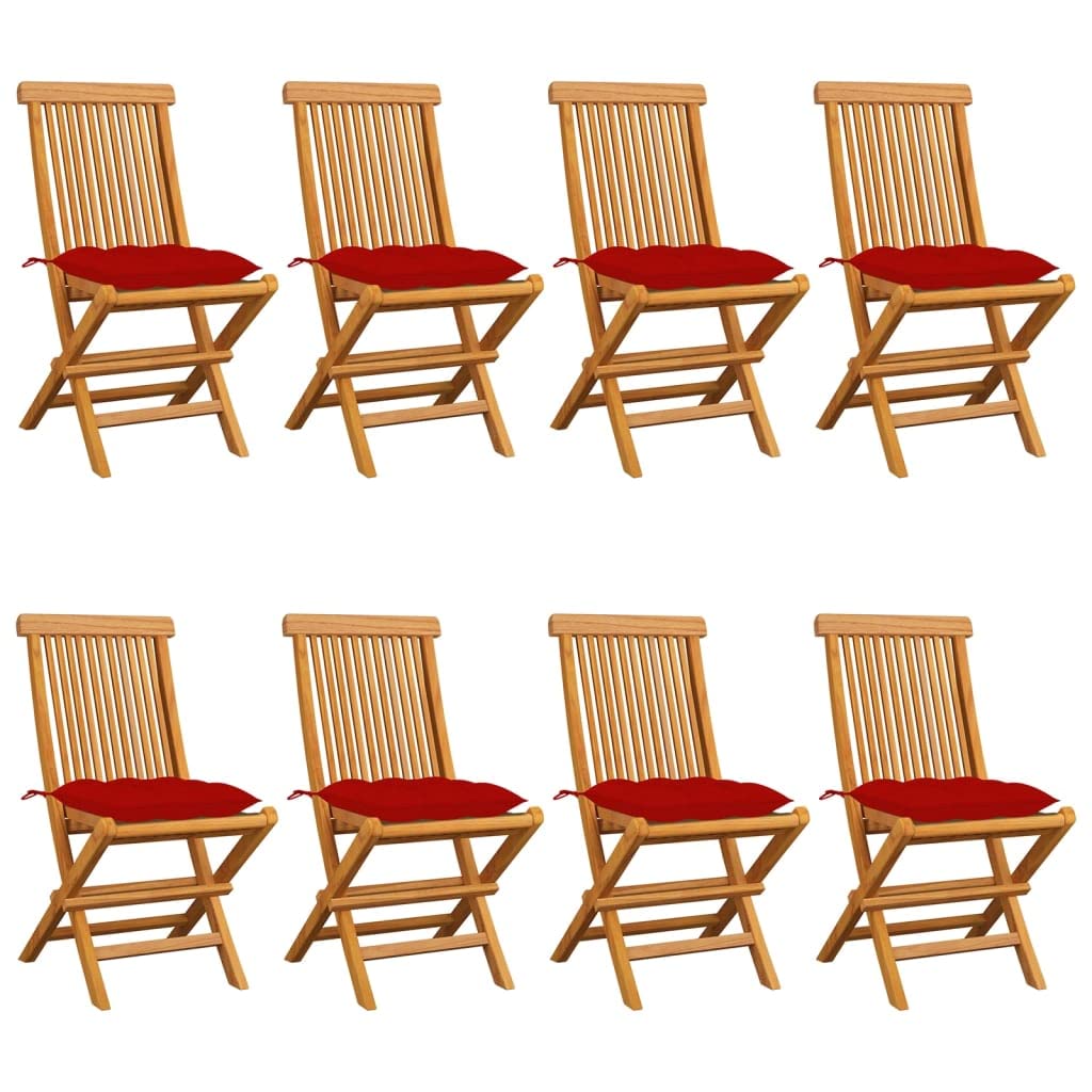 Sillas de jardín plegables de madera maciza de teca, 8 unidades, con cojines rojos, sillas de comedor de jardín de teca, pulidas lisas y fáciles de limpiar, soporta hasta 110 kg