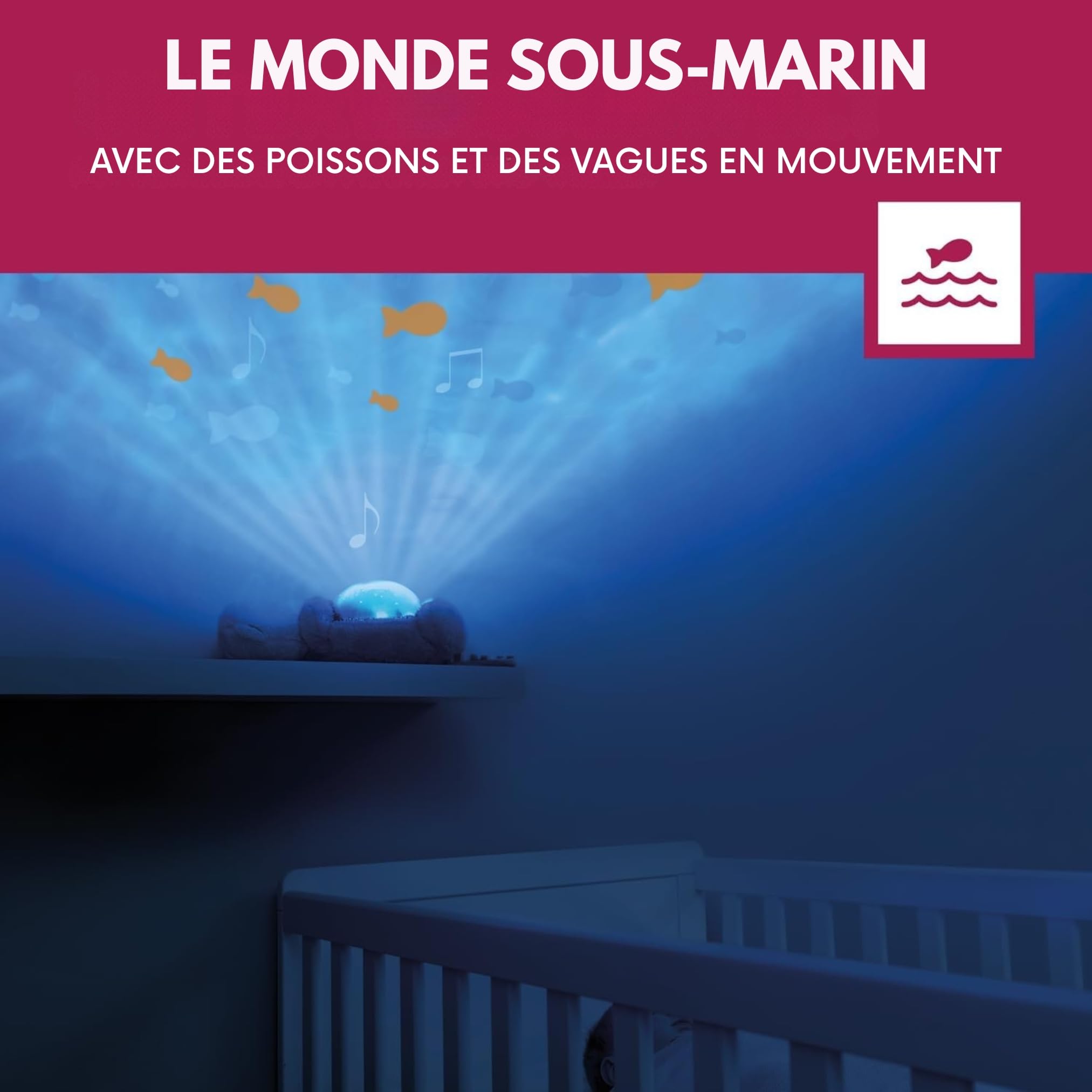 ZAZU Otto the Otter Projecteur LED de nuit Océan, poissons mobiles, vagues, 5 mélodies, programme de sommeil à 3 niveaux, détection du bruit, fonctionnement à piles