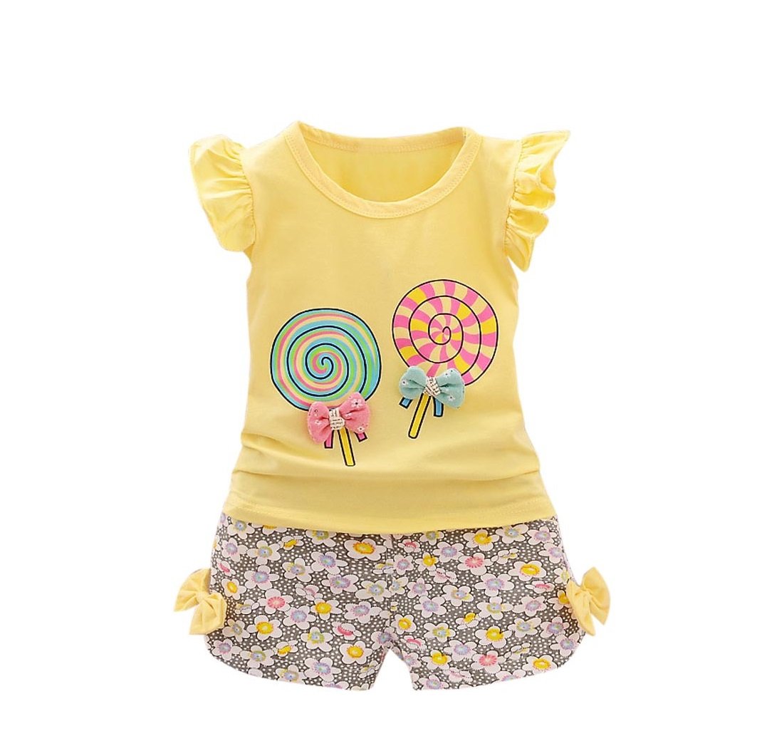 Fossen Bebe Niña Camiseta Sin Mangas de Lollipops y Pantalones Cortos Florales Conjunto de Ropa Verano (2 años, Serie 2~Amarillo)