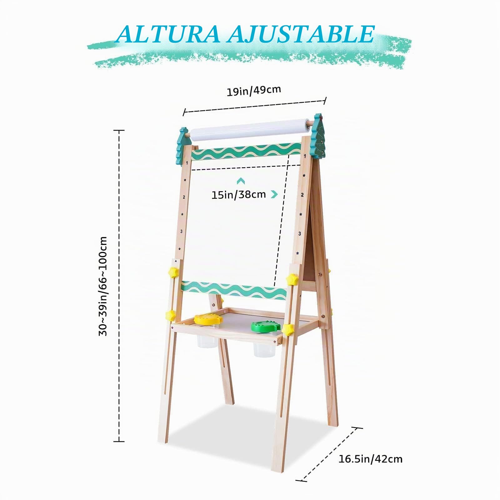 Caballete para Niños y Niñas de dos Caras con Altura Ajustable y Rollo de Papel|4 en 1 Pizarra Infantil con Letras de y Juego de Matemáticas|Madera Educativo Juego